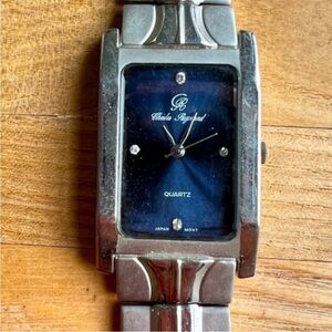 Charles Raymond rectangular blue dial silver tone watch NEW BATTERY